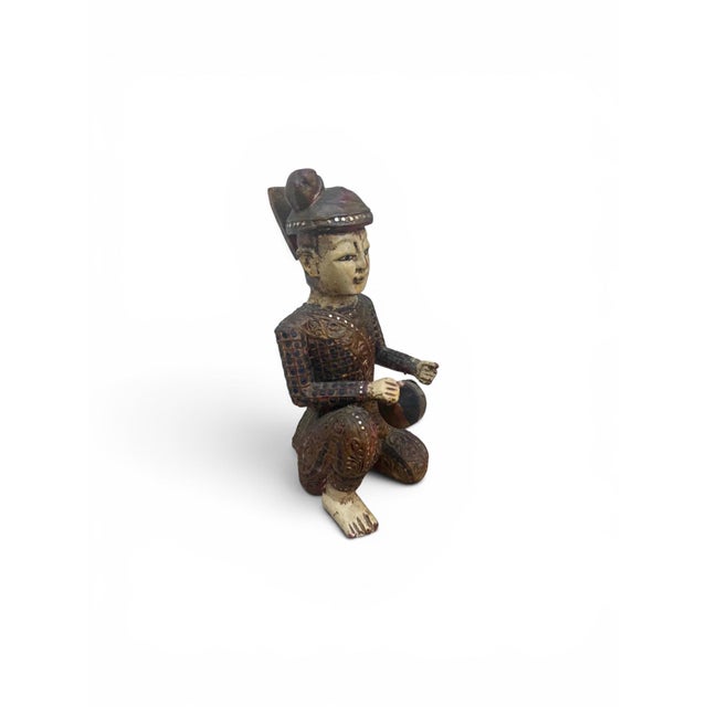 Early 20th Century Hand-Carved Chinese Wooden Figural Sculpture of Seated Musician With Tambourine-Style Instrument For Sale - Image 4 of 12