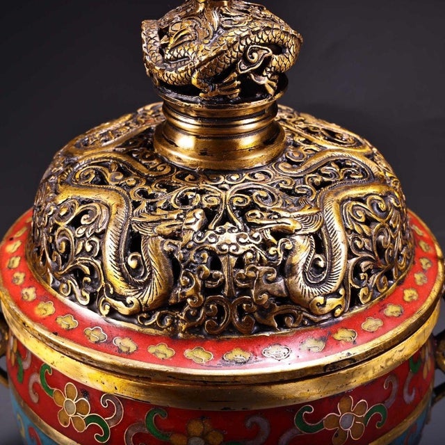 Vintage Cloisonne Enamel Incense Burner – 8.7" Gilt Tripod Censer With Dragon Lid For Sale In Los Angeles - Image 6 of 10
