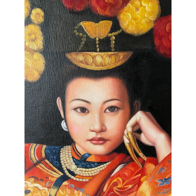 Textile Late 20th Century Portrait Oil Painting of a Reclining Asian Woman with Fan For Sale - Image 7 of 11