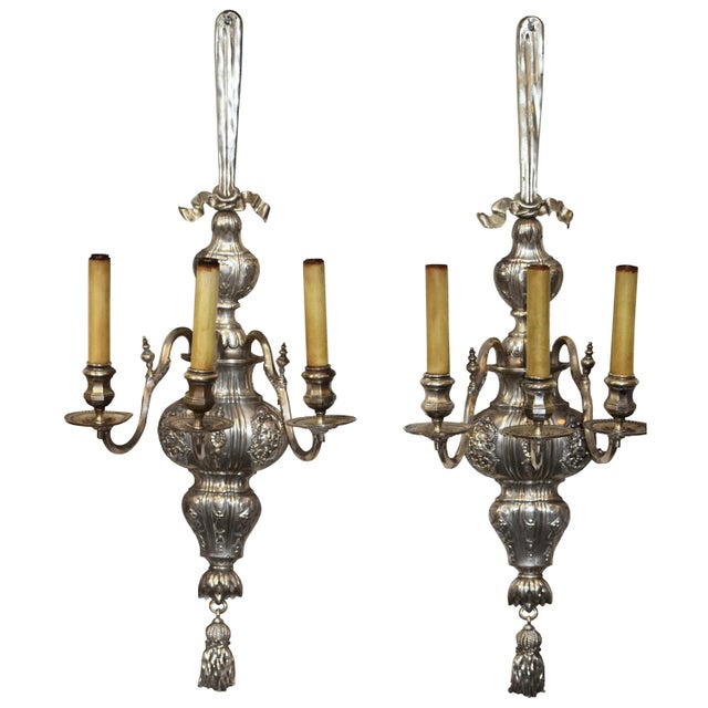 1900 - 1909 Pair of Large E. F. Caldwell Silvered Three-Arm Wall Sconces-H-42" For Sale - Image 5 of 5
