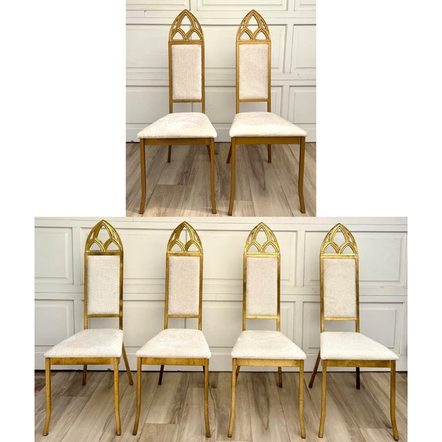 Set of 4 Hollywood Regency Gothic Revival Gilt Dining Chairs in Ivory Bouclé For Sale - Image 12 of 12