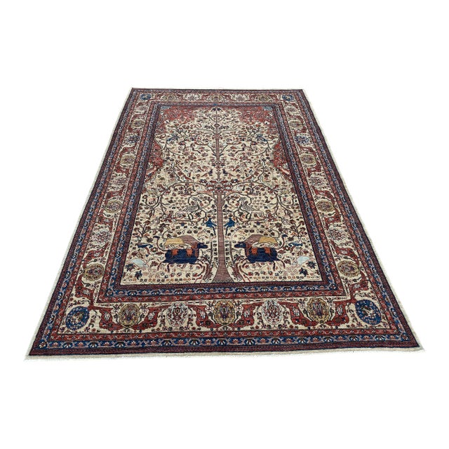 Fine Ivory Persian Kashan Tree of Life Hand-Knotted Wool Rug - 6'6" X 9'8" For Sale