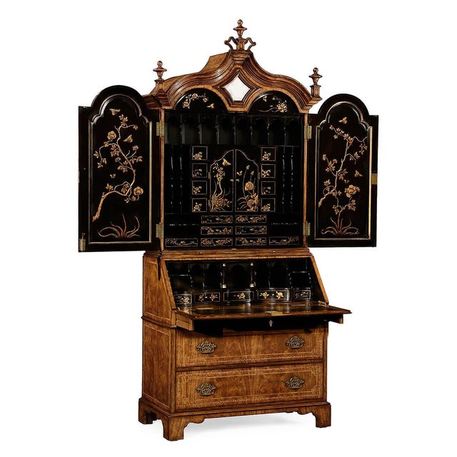 Queen Anne Walnut Secretary Bookcase - Chinoiserie & Mirror Doors For Sale - Image 3 of 10