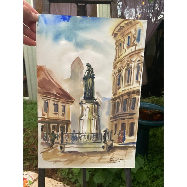 Charming watercolor painting of Mesnicka Street, the downtown cultural district of Zagreb Croatia, depicting the square...