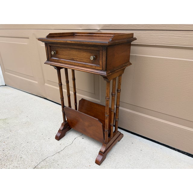 Mid-20th Century Brandt Walnut Faux Bamboo Side Table With Drawer & Magazine Rack For Sale In South Bend - Image 6 of 17