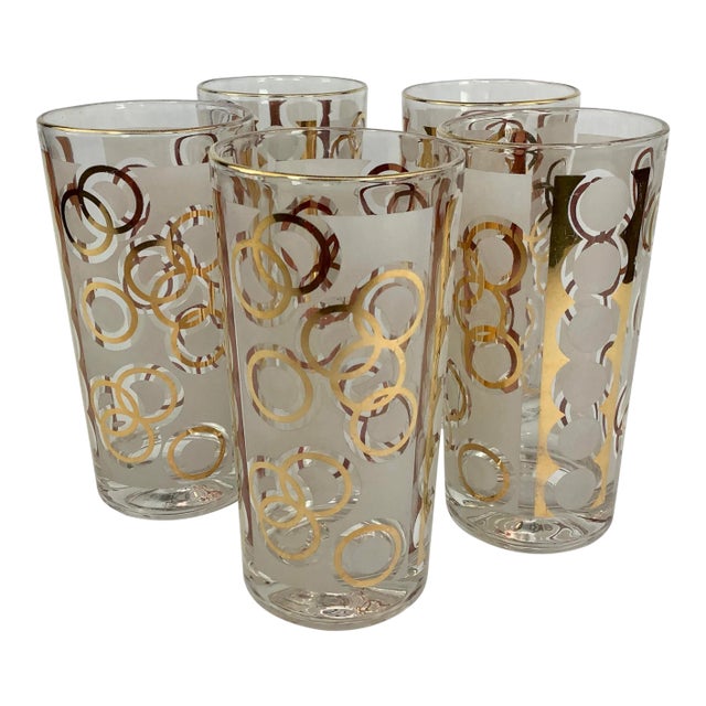 Vintage Highball Glasses With Gilt Interlocking Circles on Frosted Glass - Set of 5 For Sale