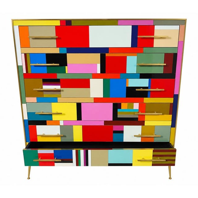 Wood Chest of Drawers with Colored Glass Panels, 1980s For Sale - Image 7 of 8