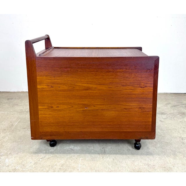 Bruksbo Mid Century Danish Modern Teak Tambour Door Craft / Sewing / Art / Bar Cart For Sale - Image 4 of 12