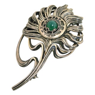 Peacock Feather No. 16/1000 Brooch in Silver & Chrysoprase in the style of Alphonse Mucha, 1992 For Sale