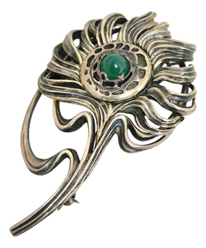 Peacock Feather No. 16/1000 Brooch in Silver & Chrysoprase in the style of Alphonse Mucha, 1992