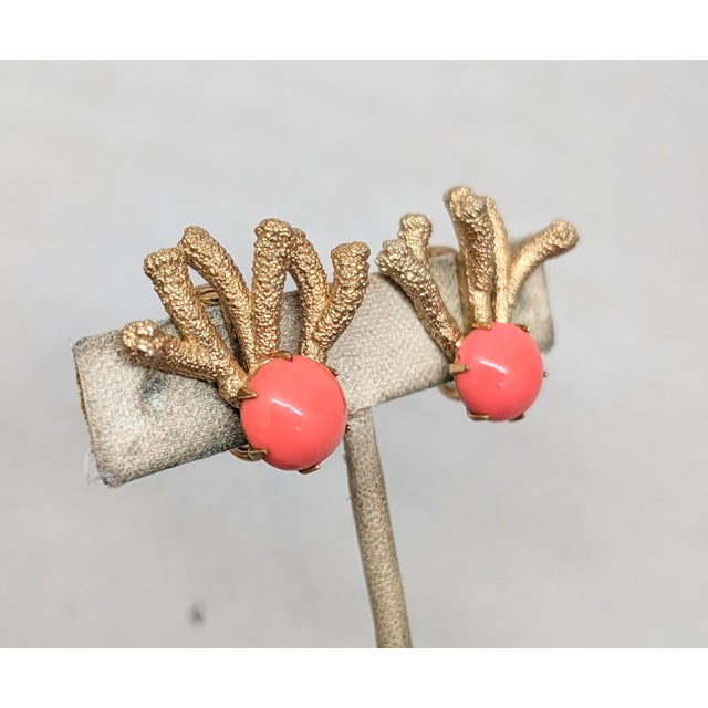 1960s Vintage 1960s Signed Napier Goldtone Cabochon Faux-Coral Clip Earrings- 2 Pieces For Sale - Image 5 of 8