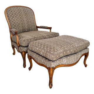 Late 20th Century French Provincial Bergère Chair and Matching Ottoman Set For Sale