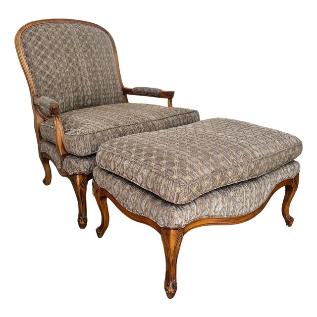 Late 20th Century French Provincial Bergère Chair and Matching Ottoman Set For Sale