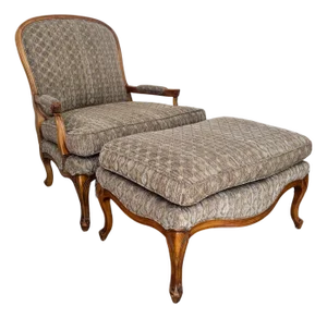 Late 20th Century French Provincial Bergère Chair and Matching Ottoman Set