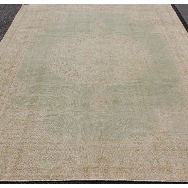 Distressed Turkish Rug With Floral Medallion in Light Green, Tan and Taupe For Sale In Atlanta - Image 6 of 13