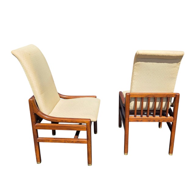 1980s 2 Henredon Scene One Campaign Dining Room Side Chairs MCM Oak Brass For Sale - Image 10 of 14