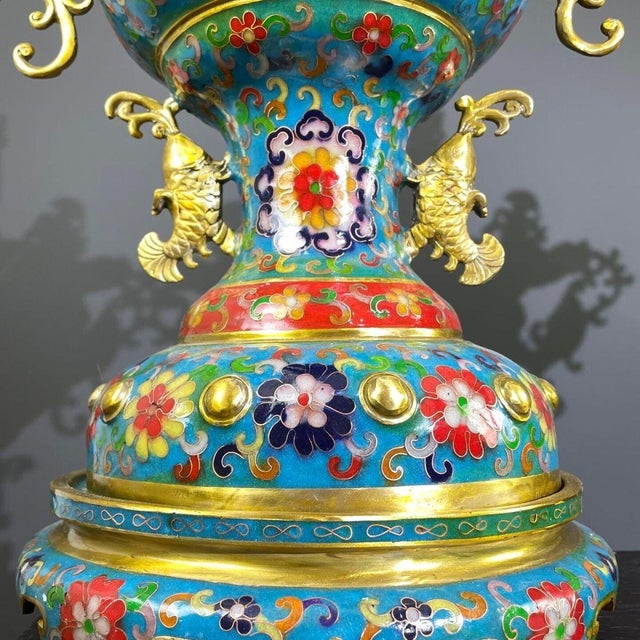Bronze Late 20th Century Pair of Gilt Bronze Cloisonné Enamel Palace Lantern Incense Burners For Sale - Image 8 of 10