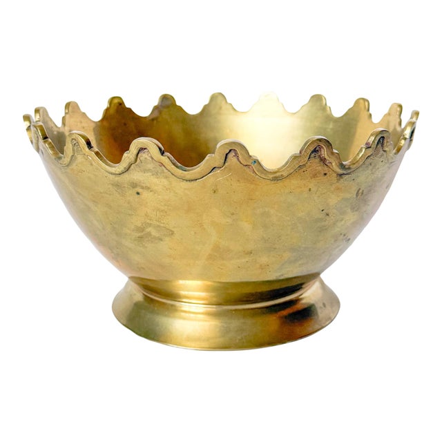 Vintage Hollywood Regency Art Deco Brass Crown Bowl Attributed to Mottahedeh For Sale