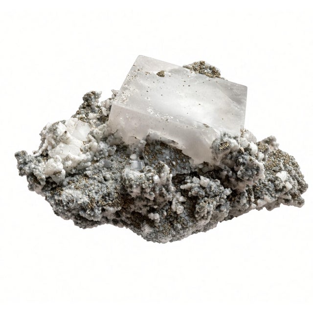 Large Natural Fluorite Cube Crystal Specimen With Pyrite & Calcite Matrix For Sale - Image 4 of 15