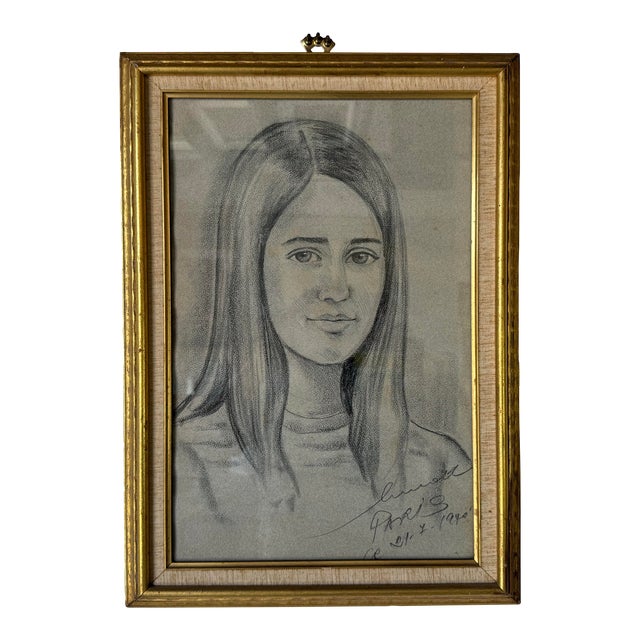 1980's French Drawing Portrait of a Young Girl, Framed For Sale