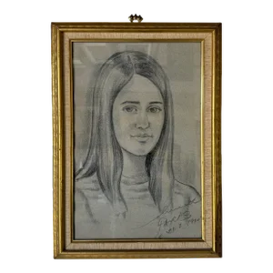 1980's French Drawing Portrait of a Young Girl, Framed