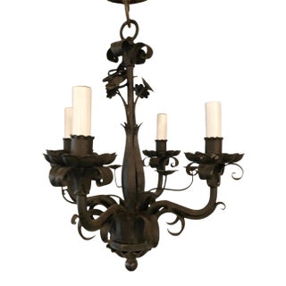 Vintage 6 Light Chandelier Spanish Leafy Details Black Iron For Sale