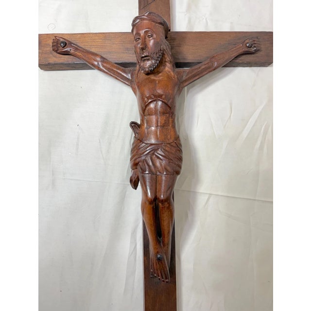 Wood Big Antique Hand Carved Wood Religious Jesus Christ Crucifix Cross Sculpture God For Sale - Image 7 of 11