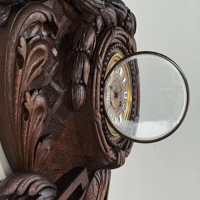 19th Century French Louis XVI Carved Oak Wall Clock ~ Cartel For Sale - Image 9 of 12