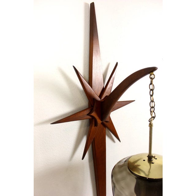 Mid-Century Modern 1960s Mid Century Modern Starburst Wood Smoked Glass Wall Light Pendant For Sale - Image 3 of 9