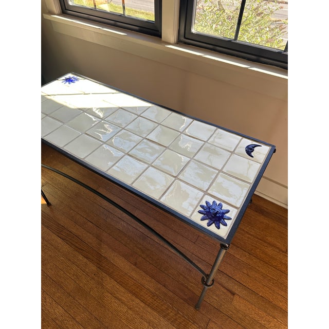 Mid 20th Century Vintage Mid-Century Modern Italian Wrought Iron and Majolica Tile Coffee Table – Celestial Sun & Moon For Sale - Image 5 of 17