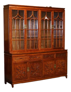 Large Vintage Oriental Chinese Carved Bookcase Display Cabinet with Lights