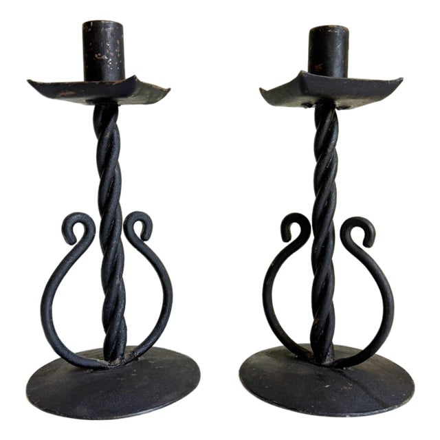 1930s Spanish Revival Wrought Iron Candlesticks, a Pair For Sale