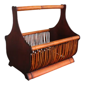 Vintage Large Faux Bamboo Magazine Rack Basket With Wooden Ends and Flat Base