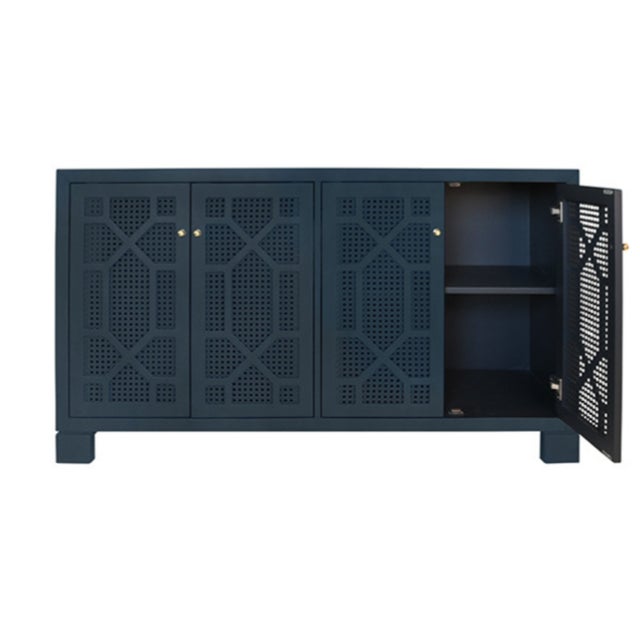 Worlds Away Matthew Izzo Home Claire Matte Navy Lacquer Four Door Buffet With Brass Knobs - Painted Trellis Design Cane Doors For Sale - Image 4 of 12