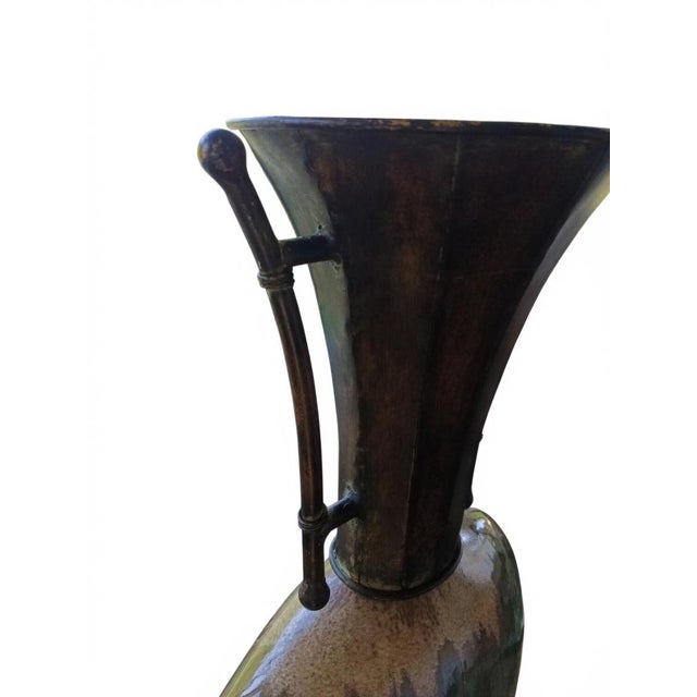 Artisan Glazed Ceramic Vase on Wrought Iron Stand With Sculptural Horn Accent For Sale In Buffalo - Image 6 of 10