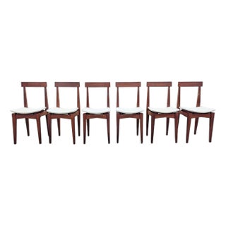 Vintage Teak and White Fabric Chairs, 1950s, Set of 6 For Sale