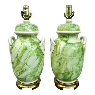 Regency Green Leaf Table Lamps by Paul Hanson, Pair For Sale