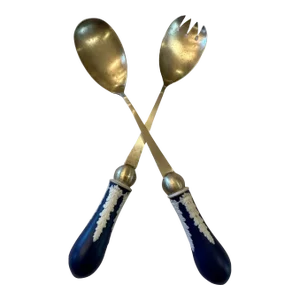 Late 19th Century Wedgwood Jasperware Cobalt Serving Set Salad Spoon and Fork- 2 Pieces