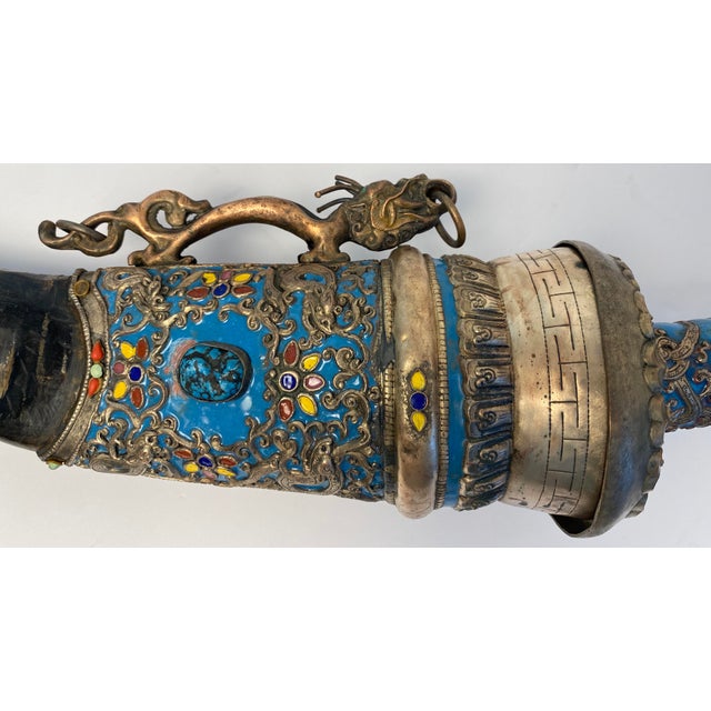 Antique Tibetan Ritual Dagger With Silver, Turquoise Blue Enamel and Dragon For Sale In Miami - Image 6 of 12