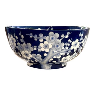 Dark Blue Cherry Blossom Bowl on a Wooden Stand For Sale