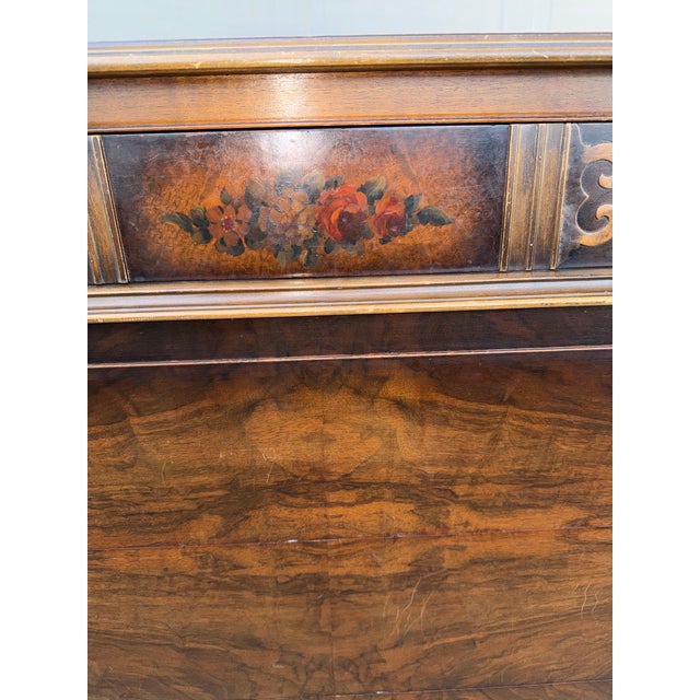 French Provincial Rare 1925-Dated John Widdicomb French Provincial Tall Dresser Commode Burl Walnut Veneer, Floral Accents, Ornate Brass Ring Pulls, Cabriole Legs For Sale - Image 3 of 12