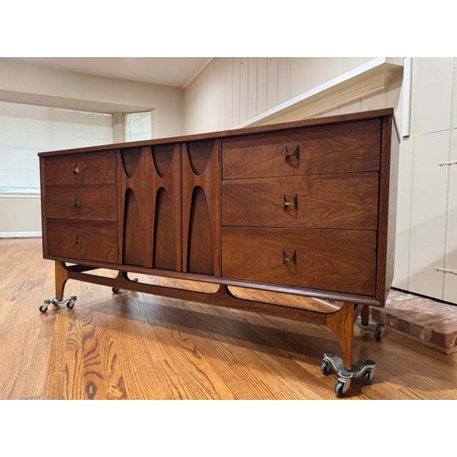Brown 1960s Mid Century Modern Broyhill Brasilia Lowboy Walnut Triple Dresser For Sale - Image 8 of 9
