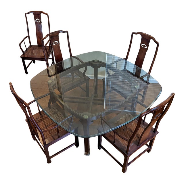 Henredon GlassTop Dining Table & 5 Pan Asian Dining Arm Chairs Chairish