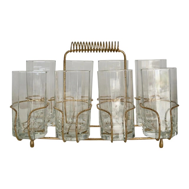 1950's Hollywood Regency Brass Caddy Barware Glass Set For Sale