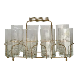 1950's Hollywood Regency Brass Caddy Barware Glass Set