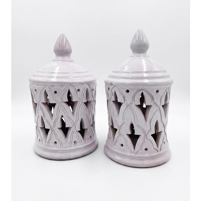 Moroccan Handcrafted Moroccan Glazed Terracotta Pierced Lanterns - a Pair For Sale - Image 3 of 12