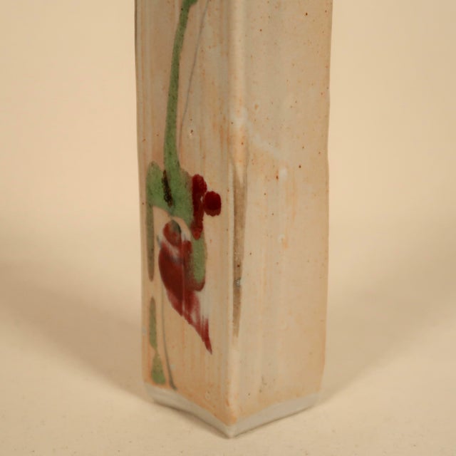 Ceramic 20thC Handmade Sculptural Rectangular Ceramic Bud Vase With Abstract Floral Glaze, Mid Century Modern Organic Form For Sale - Image 7 of 15