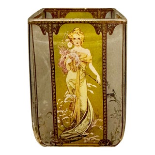 Goebel Artis Orbis Glass Tea Light Candle Jar Featuring the "Spring 1900" by the Renowned Art Nouveau Artist Alphonse Mucha. For Sale