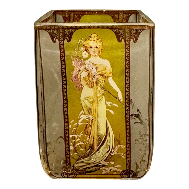 Goebel Artis Orbis Glass Tea Light Candle Jar Featuring the "Spring 1900" by the Renowned Art Nouveau Artist Alphonse Mucha. For Sale