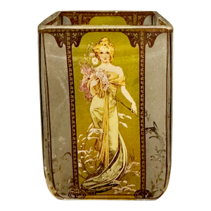 Goebel Artis Orbis Glass Tea Light Candle Jar Featuring the "Spring 1900" by the Renowned Art Nouveau Artist Alphonse Mucha.